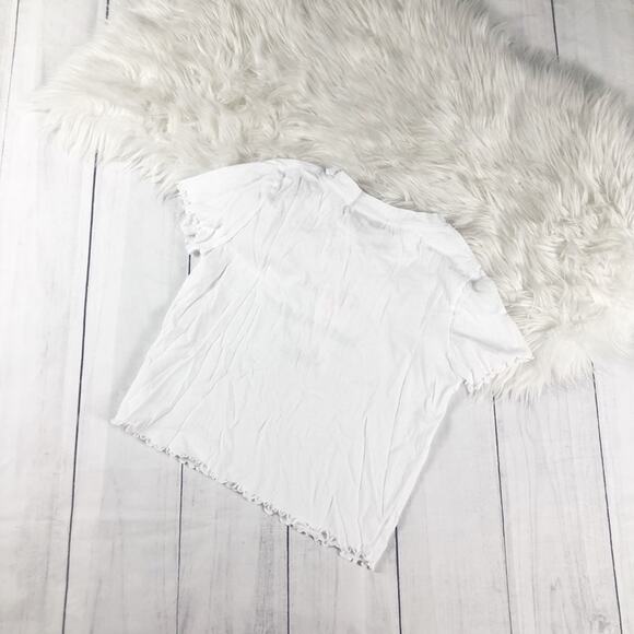 Wildfox Women's Sydney Rise & Shine Ruffled Graphic Tee White Cropped Bottom Hem - Picture 4 of 5